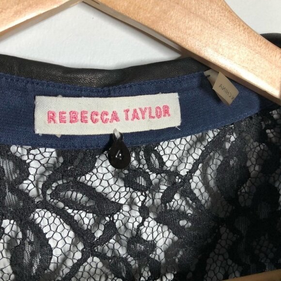 REBECCA Taylor Navy Silk Shirt with Black Lace Sleeves & Leather Collar Size 4 - Picture 5 of 6